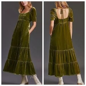 Anthropologie Velvet Green Empire Waist Dress Maxi Long